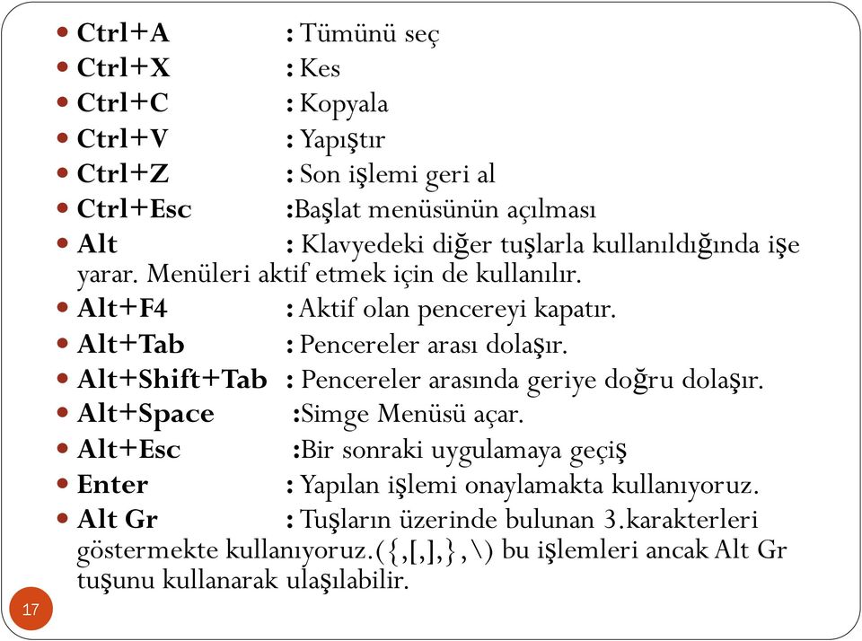 Alt+Shift+Tab : Pencereler arasında geriye doğru dolaşır. Alt+Space :Simge Menüsü açar.