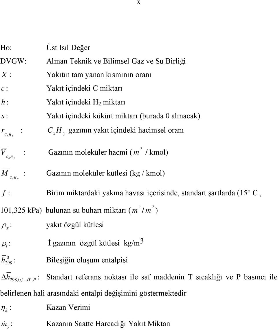 miktardaki yakma havası içerisinde, standart şartlarda (15 C, 101,325 kpa) bulunan su buharı miktarı ( m / m ) ρ y : yakıt özgül kütlesi ρ i : İ gazının özgül kütlesi kg/m 3 0 h 298 : Bileşiğin