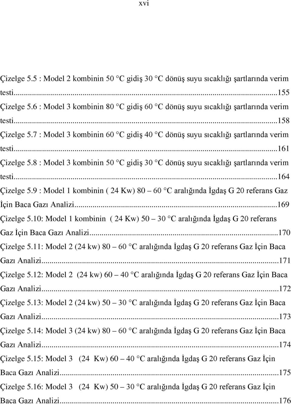 ..164 Çizelge 5.9 : Model 1 kombinin ( 24 Kw) 80 60 C aralığında İgdaş G 20 referans Gaz İçin Baca Gazı Analizi...169 Çizelge 5.