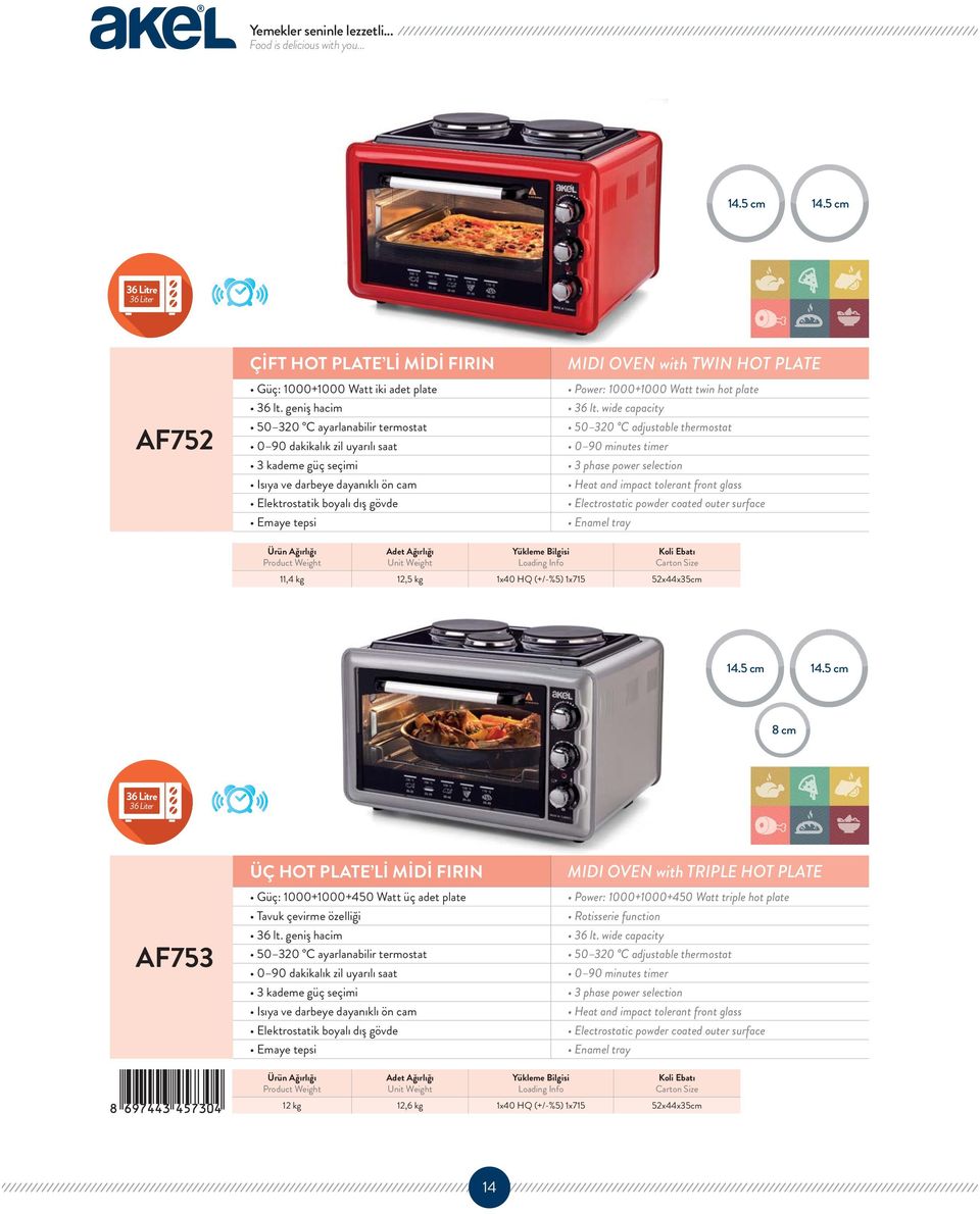 5 cm 36 Litre AF752 ÇİFT HOT PLATE Lİ MİDİ FIRIN MIDI OVEN with