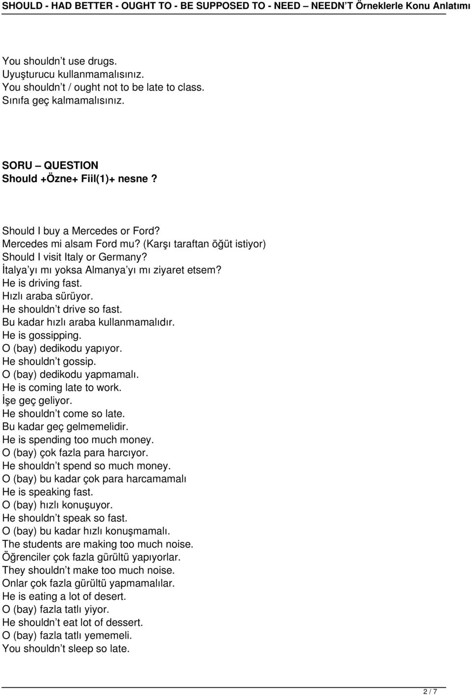 Hızlı araba sürüyor. He shouldn t drive so fast. Bu kadar hızlı araba kullanmamalıdır. He is gossipping. O (bay) dedikodu yapıyor. He shouldn t gossip. O (bay) dedikodu yapmamalı.