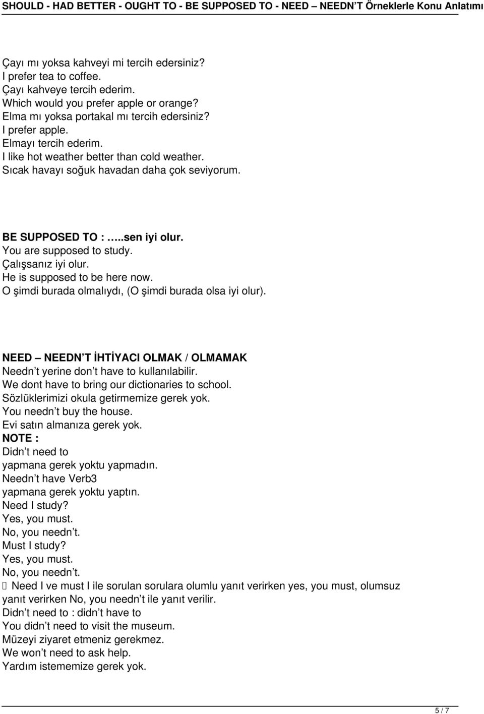 He is supposed to be here now. O şimdi burada olmalıydı, (O şimdi burada olsa iyi olur). NEED NEEDN T İHTİYACI OLMAK / OLMAMAK Needn t yerine don t have to kullanılabilir.