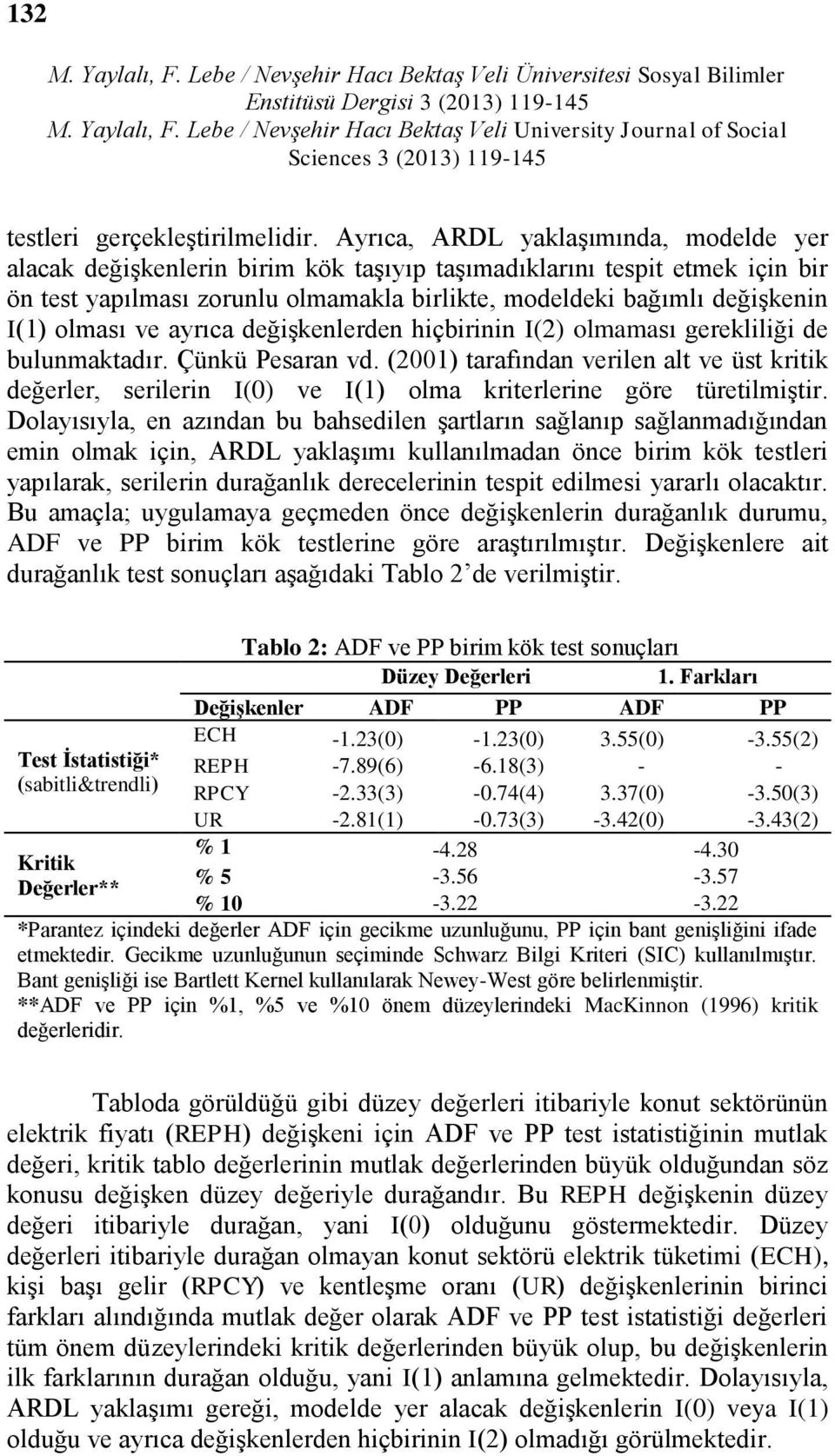 olması ve ayrıca değişkenlerden hiçbirinin I(2) olmaması gerekliliği de bulunmaktadır. Çünkü Pesaran vd.