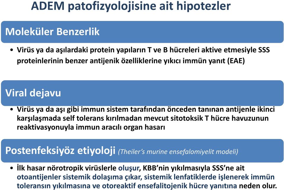 sitotoksik T hücre havuzunun reaktivasyonuyla immun aracılı organ hasarı Postenfeksiyöz etiyoloji (Theiler s murine ensefalomiyelit modeli) İlk hasar nörotropik virüslerle