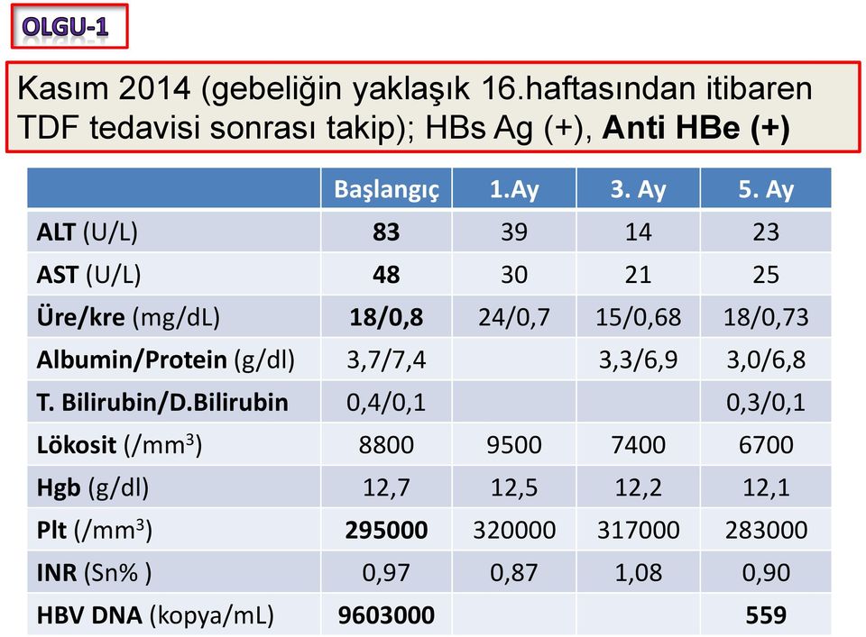 Ay ALT (U/L) 83 39 14 23 AST (U/L) 48 30 21 25 Üre/kre (mg/dl) 18/0,8 24/0,7 15/0,68 18/0,73 Albumin/Protein (g/dl)