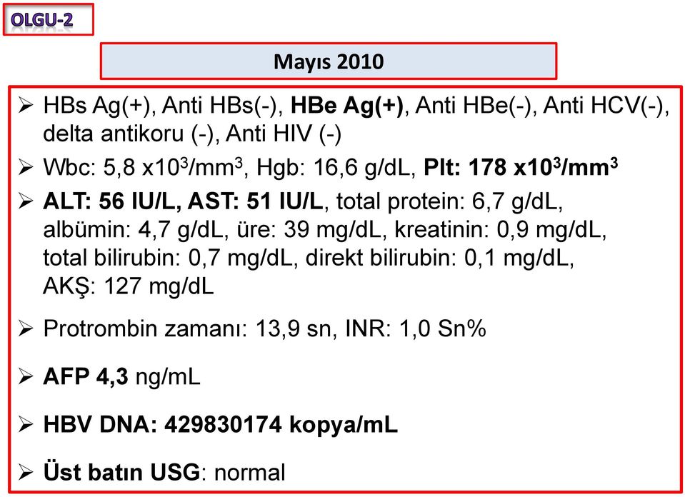 albümin: 4,7 g/dl, üre: 39 mg/dl, kreatinin: 0,9 mg/dl, total bilirubin: 0,7 mg/dl, direkt bilirubin: 0,1 mg/dl,