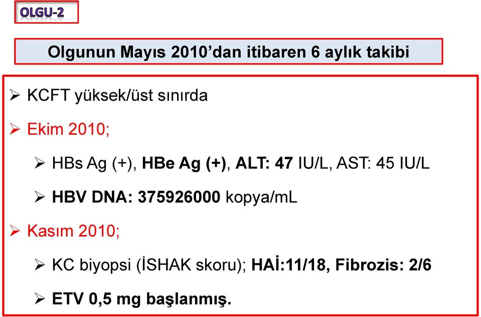 IU/L, AST: 45 IU/L HBV DNA: 375926000 kopya/ml Kasım 2010; KC
