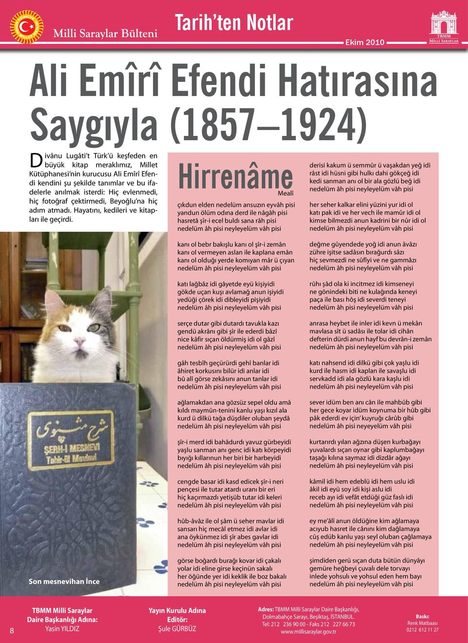 Son mesnevihan İnce Hirrenâme Mealî çıkdun elden nedelüm ansuzın eyvâh pisi yandun ölüm odına derd ile nâgâh pisi hasretâ şîr-i ecel buldı sana râh pisi kanı ol bebr bakışlu kanı ol şîr-i zemân kanı