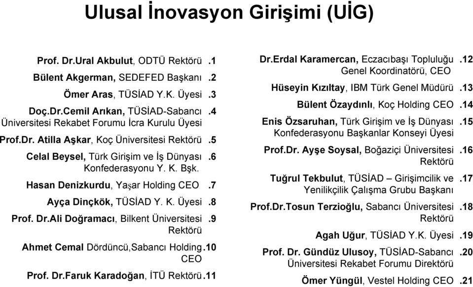 Ali Doğramacı, Bilkent Üniversitesi Rektörü Ahmet Cemal Dördüncü,Sabancı Holding.10 CEO Prof. Dr.Faruk Karadoğan, İTÜ Rektörü.11.1.2.3.4.5.6.7.8.9 Dr.