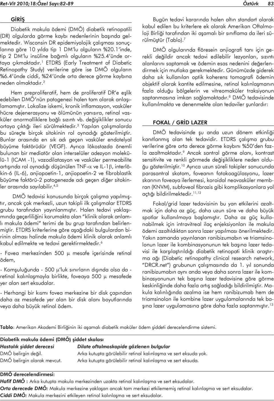 1 ETDRS (Early Treatment of Diabetic Retinopathy Study) verilerine göre ise DMÖ olguların %6.4 ünde ciddi, %24 ünde orta derece görme kaybına neden olmaktadır.