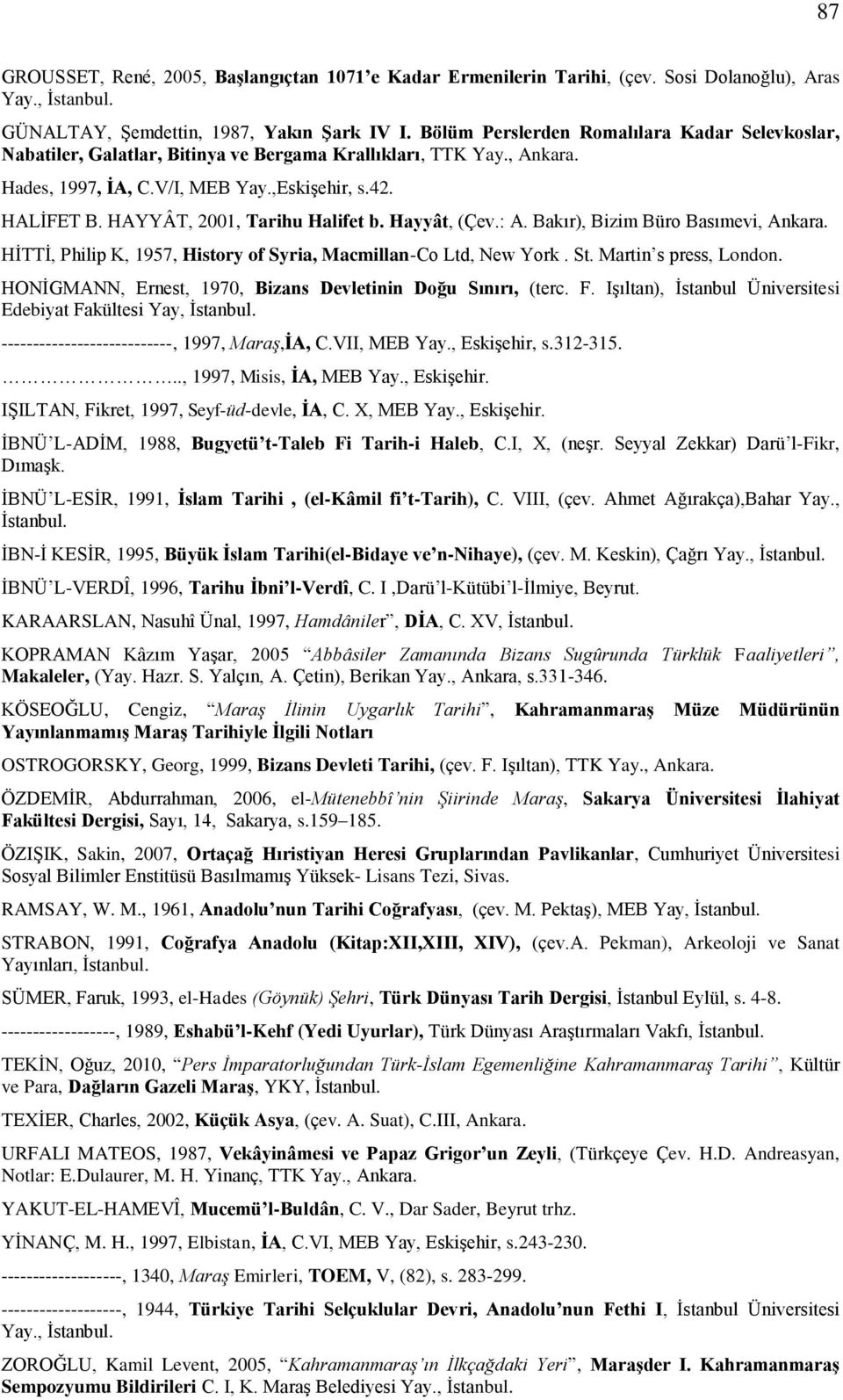HAYYÂT, 2001, Tarihu Halifet b. Hayyât, (Çev.: A. Bakır), Bizim Büro Basımevi, Ankara. HİTTİ, Philip K, 1957, History of Syria, Macmillan-Co Ltd, New York. St. Martin s press, London.