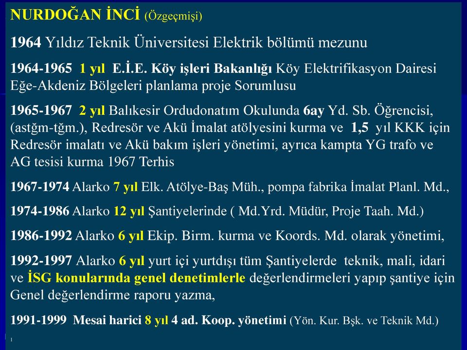 ), Redresör ve Akü İmalat atölyesini kurma ve 1,5 yıl KKK için Redresör imalatı ve Akü bakım işleri yönetimi, ayrıca kampta YG trafo ve AG tesisi kurma 1967 Terhis 1967-1974 Alarko 7 yıl Elk.