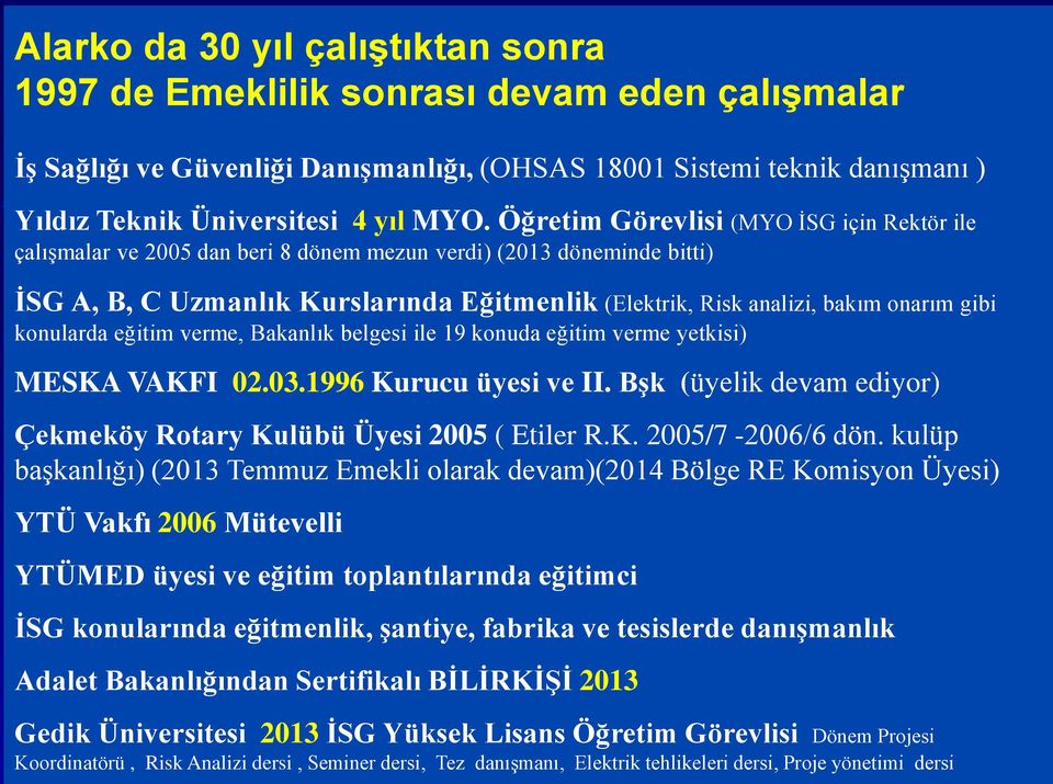 Öğretim Görevlisi (MYO İSG için Rektör ile çalışmalar ve 2005 dan beri 8 dönem mezun verdi) (2013 döneminde bitti) İSG A, B, C Uzmanlık Kurslarında Eğitmenlik (Elektrik, Risk analizi, bakım onarım