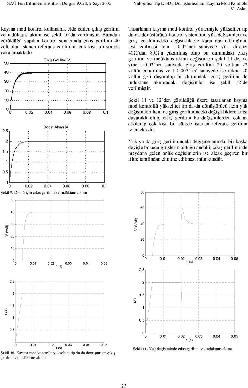 iriş erilimindeki değişikliklere karşı dayanıklılığının test edilmesi için t= nci saniyede yük direnci 4Ω dan 8Ω a çıkarılmış olup bu durumdaki çıkış erilimi ve indüktans akımı değişimleri şekil de,