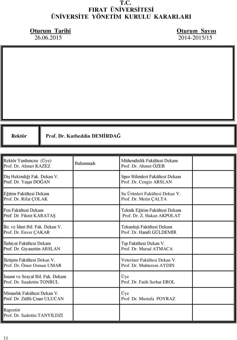 Fak. Dekanı Prof. Dr. Saadettin TONBUL Mimarlık Fakültesi Dekan V. Prof. Dr. Zülfü Çınar ULUCAN Prof. Dr. Sadettin TANYILDZI Mühendislik Fakültesi Dekanı Prof. Dr. Ahmet ÖZER Spor Bilimleri Fakültesi Dekanı Prof.