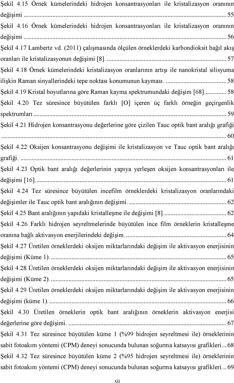 18 Örnek kümelerindeki kristalizasyon oranlarının artışı ile nanokristal silisyuma ilişkin Raman sinyallerindeki tepe noktası konumunun kayması.... 58 Şekil 4.