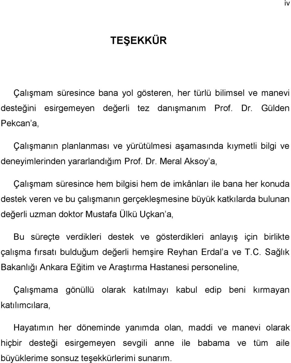 Meral Aksoy a, Çalışmam süresince hem bilgisi hem de imkânları ile bana her konuda destek veren ve bu çalışmanın gerçekleşmesine büyük katkılarda bulunan değerli uzman doktor Mustafa Ülkü Uçkan a, Bu