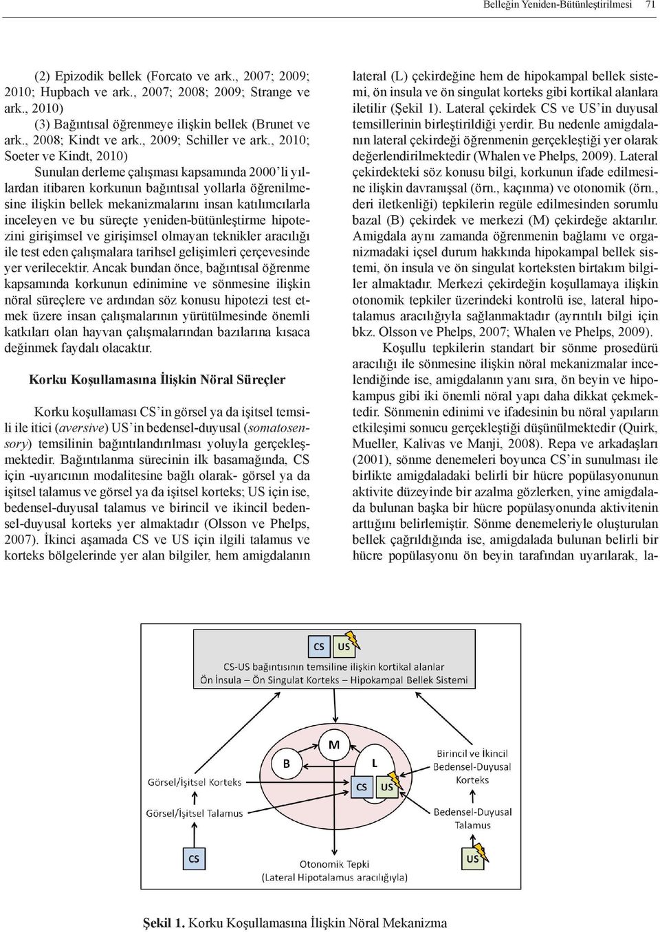 , 2010; Soeter ve Kindt, 2010) Sunulan derleme çalışması kapsamında 2000 li yıllardan itibaren korkunun bağıntısal yollarla öğrenilmesine ilişkin bellek mekanizmalarını insan katılımcılarla inceleyen