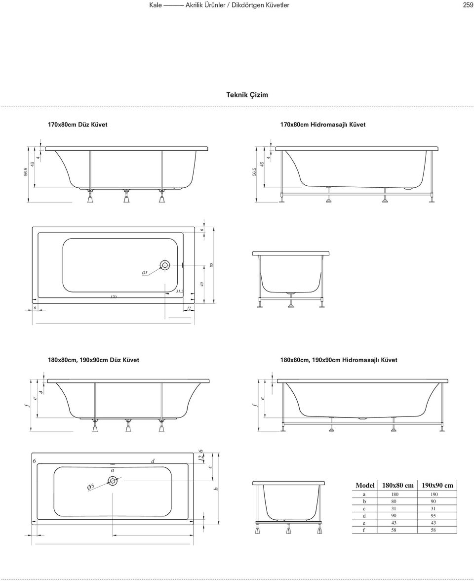 5 43 4 43 4 180x80, 190x90 Düz Küvet 180x80, 190x90 Hidromasajlı Küvet 6 a