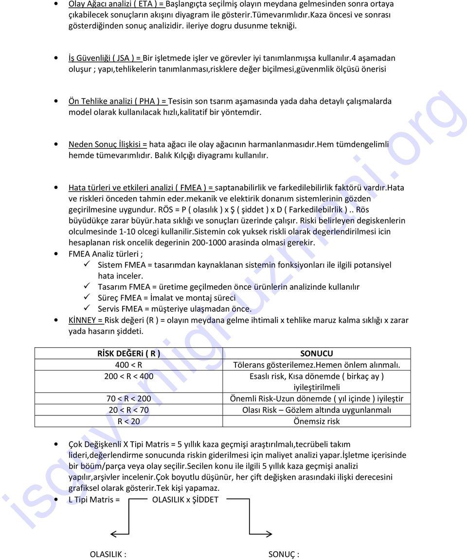 4 aşamadan oluşur ; yapı,tehlikelerin tanımlanması,risklere değer biçilmesi,güvenmlik ölçüsü önerisi Ön Tehlike analizi ( PHA ) = Tesisin son tsarım aşamasında yada daha detaylı çalışmalarda model