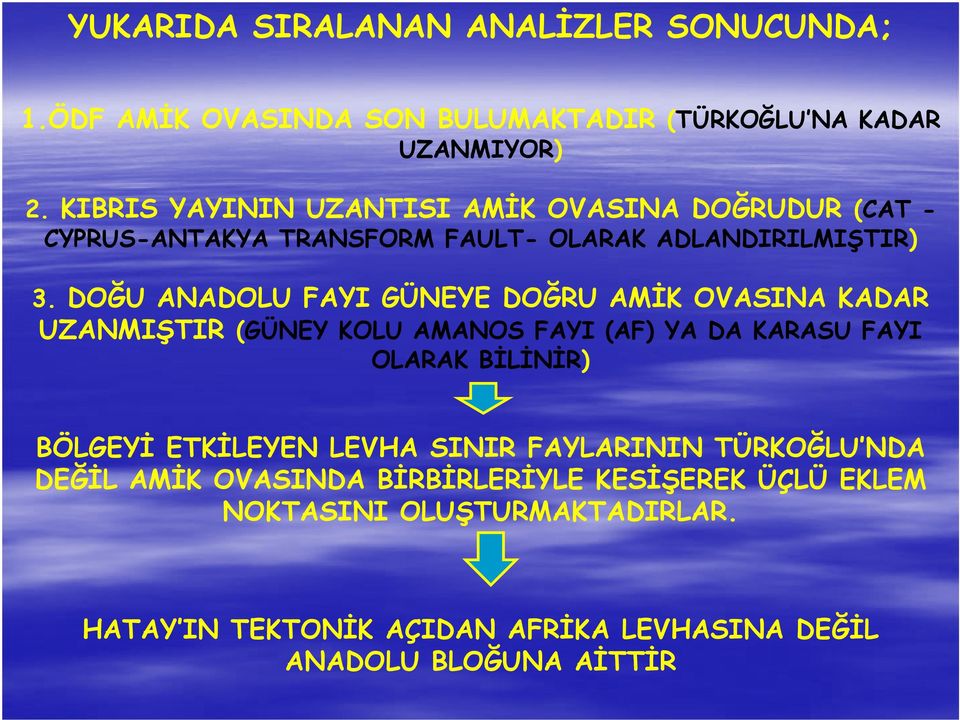 DOĞU ANADOLU FAYI GÜNEYE DOĞRU AMİK OVASINA KADAR UZANMIŞTIR (GÜNEY KOLU AMANOS FAYI (AF) YA DA KARASU FAYI OLARAK BİLİNİR) BÖLGEYİ