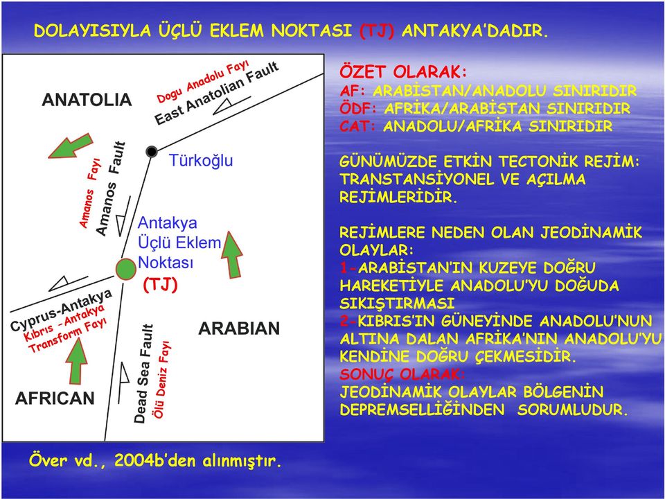 Fayı Türkoğlu Antakya Üçlü Eklem Noktası (TJ) Ölü Deniz Fayı GÜNÜMÜZDE ETKİN TECTONİK REJİM: TRANSTANSİYONEL VE AÇILMA REJİMLERİDİR.