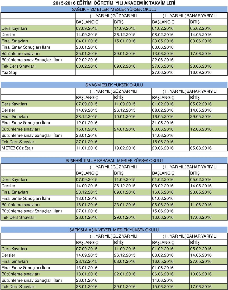 12.2015 10.01.2016 16.05.2016 29.05.2016 Final Sınav Sonuçları İlanı 12.01.2016 31.05.2016 Bütünleme sınavları 15.01.2016 24.01.2016 03.06.2016 12.06.2016 Bütünleme sınav Sonuçları İlanı 26.01.2016 14.