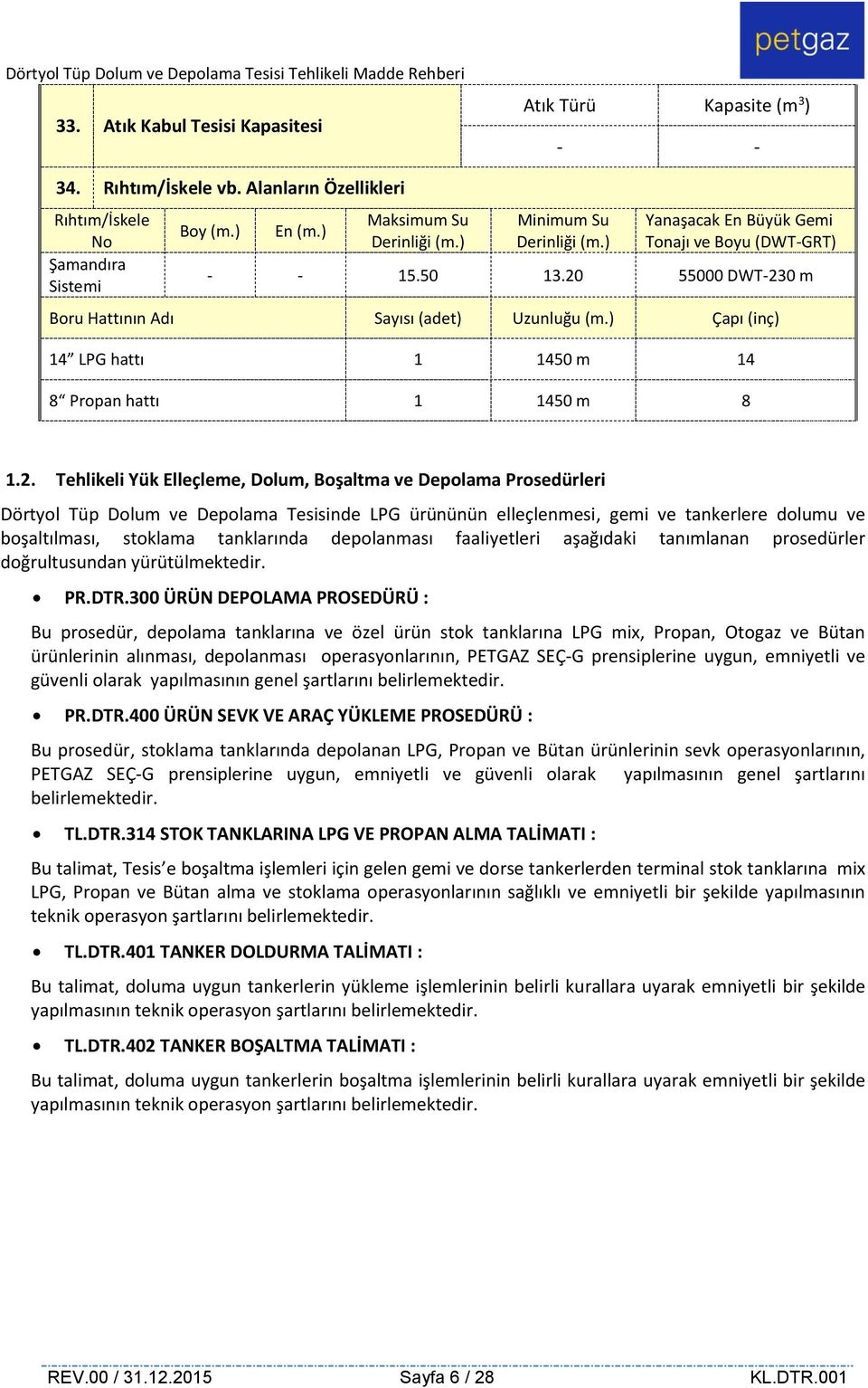 ) Çapı (inç) 14 LPG hattı 1 1450 m 14 8 Propan hattı 1 1450 m 8 1.2.