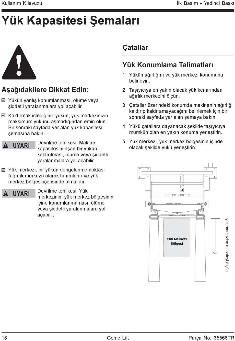 Makine kapasitesini aşan bir yükün kaldırılması, ölüme veya şiddetli yaralanmalara yol açabilir.