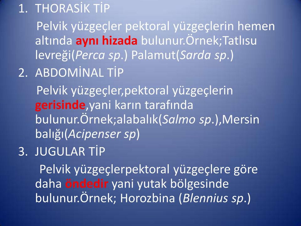 ABDOMİNAL TİP Pelvik yüzgeçler,pektoral yüzgeçlerin gerisinde,yani karın tarafında bulunur.