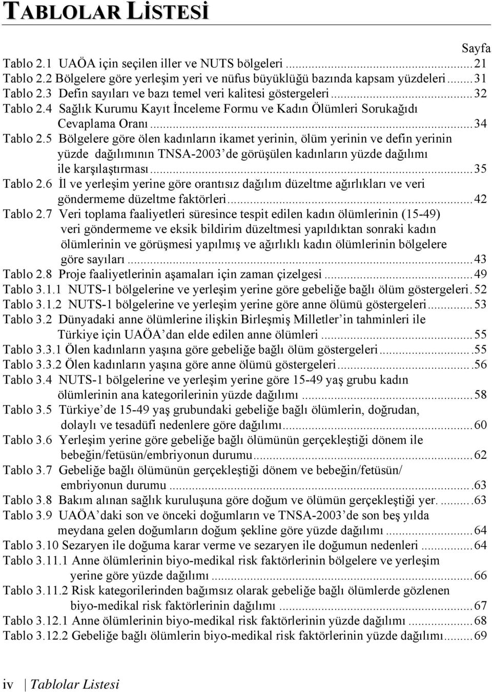 5 Bölgelere göre ölen kadınların ikamet yerinin, ölüm yerinin ve defin yerinin yüzde dağılımının TNSA-2003 de görüşülen kadınların yüzde dağılımı ile karşılaştırması...35 Tablo 2.