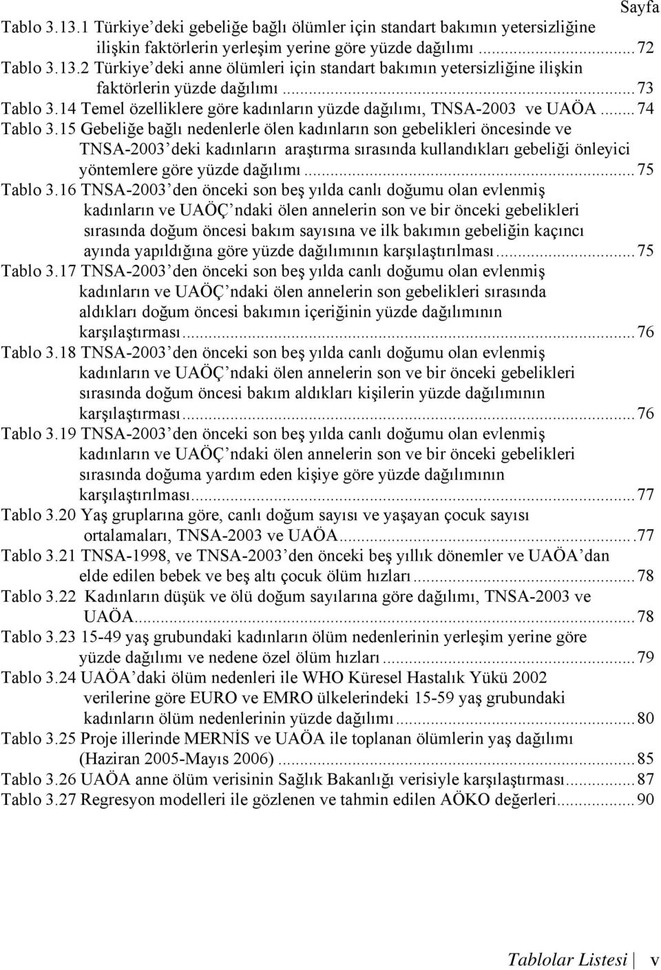 15 Gebeliğe bağlı nedenlerle ölen kadınların son gebelikleri öncesinde ve TNSA-2003 deki kadınların araştırma sırasında kullandıkları gebeliği önleyici yöntemlere göre yüzde dağılımı...75 Tablo 3.