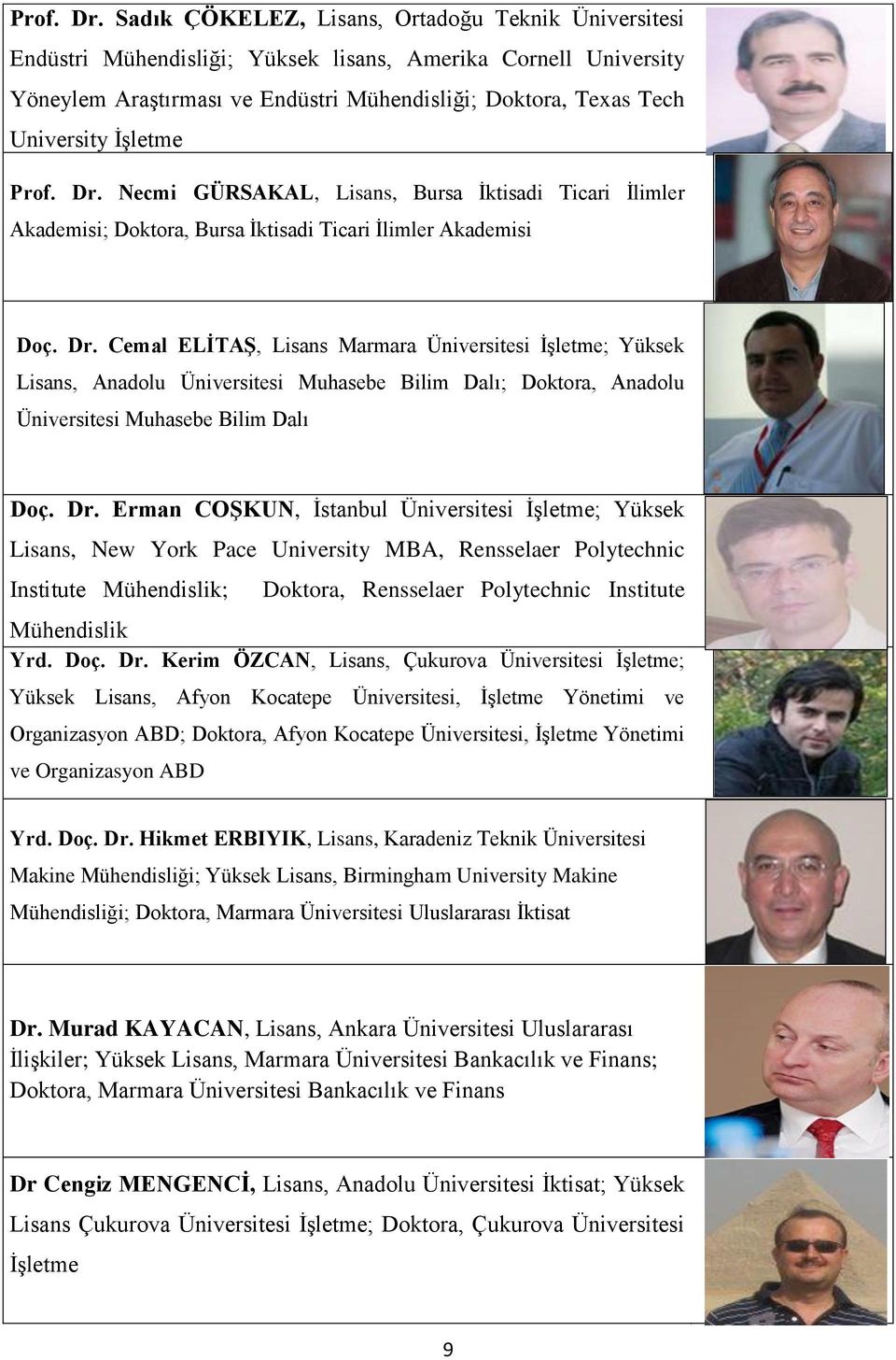 İşletme  Necmi GÜRSAKAL, Lisans, Bursa İktisadi Ticari İlimler Akademisi; Doktora, Bursa İktisadi Ticari İlimler Akademisi Doç. Dr.