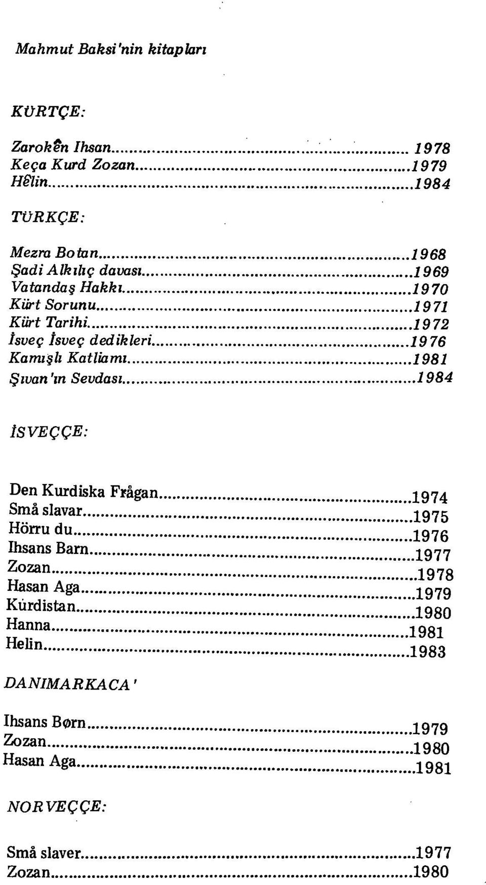 1972 İsveç İsveç dedikleri 1976 Kamışlı Katliamı 1981 Şıvan'ın Sevdası 1984 İSVEÇÇE: Den Kurdiska Frâgan 1974 Smâslavar _ 1975