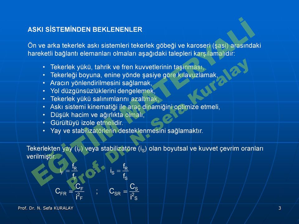 yükü salınımlarını azaltmak, Askı sistemi kinematiği ile araç dinamiğini optimize etmeli, Düşük hacim ve ağırlıkta olmalı, Gürültüyü izole etmelidir Yay ve stabilizatörlerin desteklenmesini