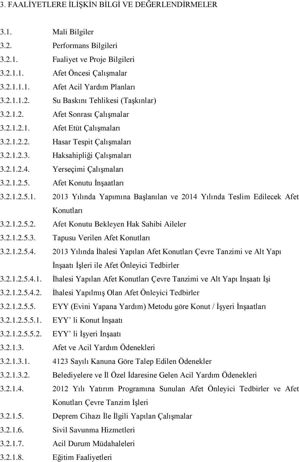 Yerseçimi Çalışmaları 3.2.1.2.5. Afet Konutu İnşaatları 3.2.1.2.5.1. 2013 Yılında Yapımına Başlanılan ve 2014 Yılında Teslim Edilecek Afet Konutları 3.2.1.2.5.2. Afet Konutu Bekleyen Hak Sahibi Aileler 3.