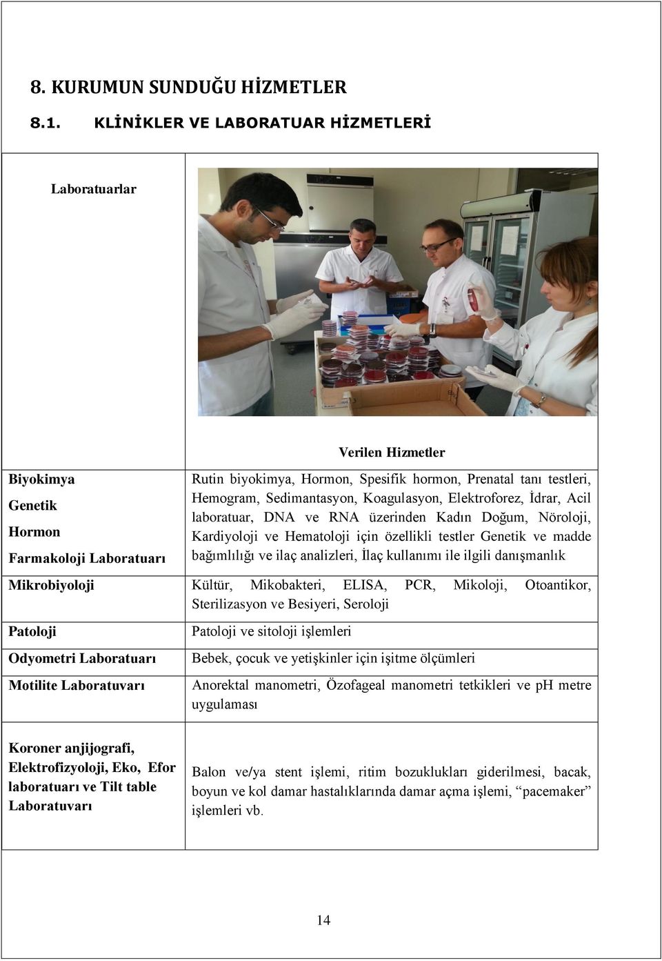 Sedimantasyon, Koagulasyon, Elektroforez, İdrar, Acil laboratuar, DNA ve RNA üzerinden Kadın Doğum, Nöroloji, Kardiyoloji ve Hematoloji için özellikli testler Genetik ve madde bağımlılığı ve ilaç