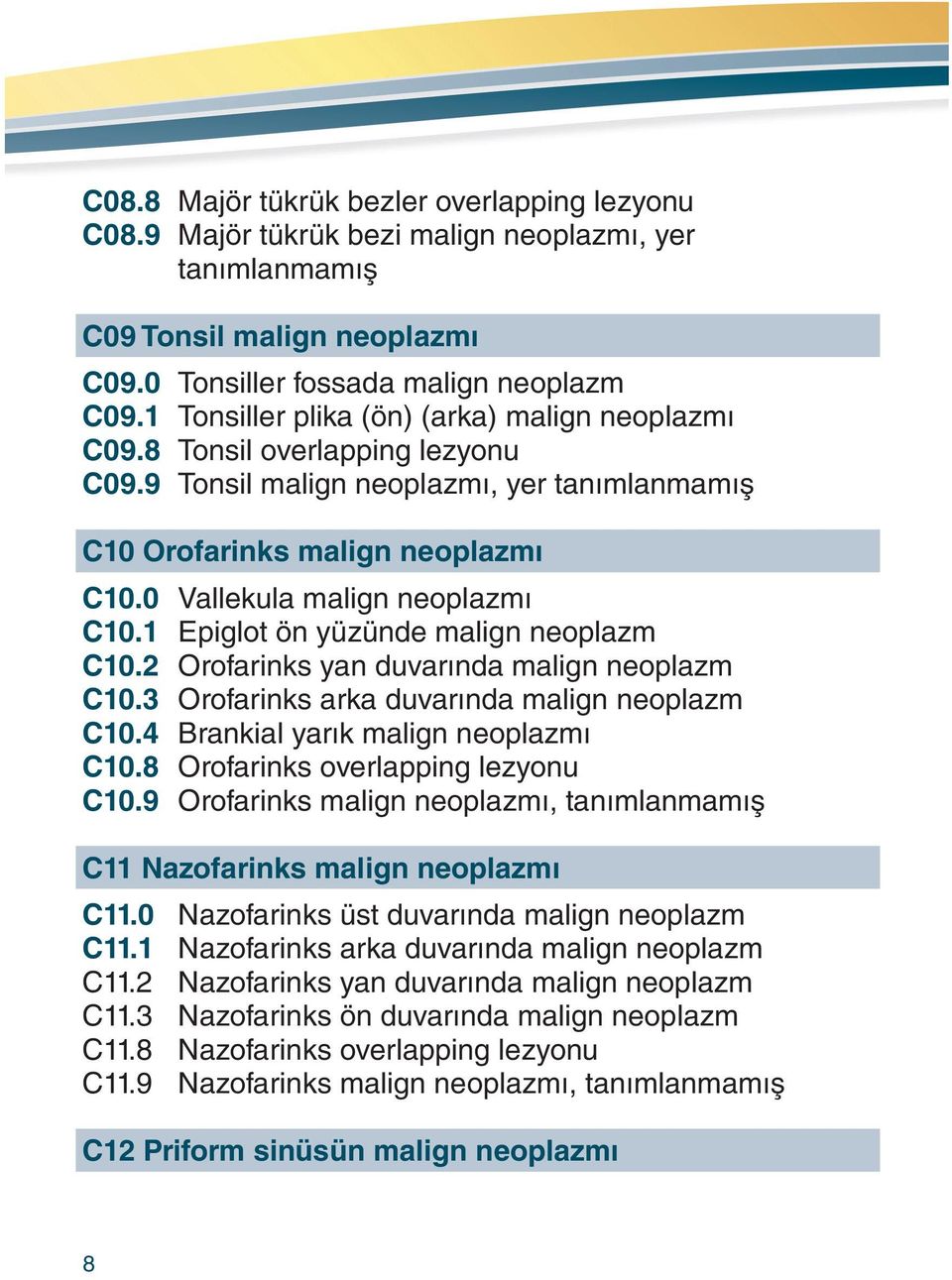 1 Epiglot ön yüzünde malign neoplazm C10.2 Orofarinks yan duvarında malign neoplazm C10.3 Orofarinks arka duvarında malign neoplazm C10.4 Brankial yarık malign neoplazmı C10.