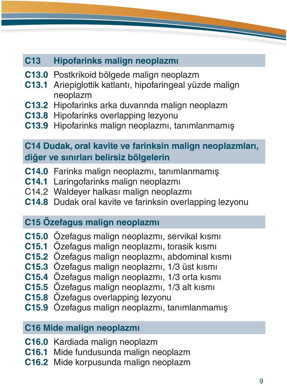 0 Farinks malign neoplazmı, tanımlanmamış C14.1 Laringofarinks malign neoplazmı C14.2 Waldeyer halkası malign neoplazmı C14.