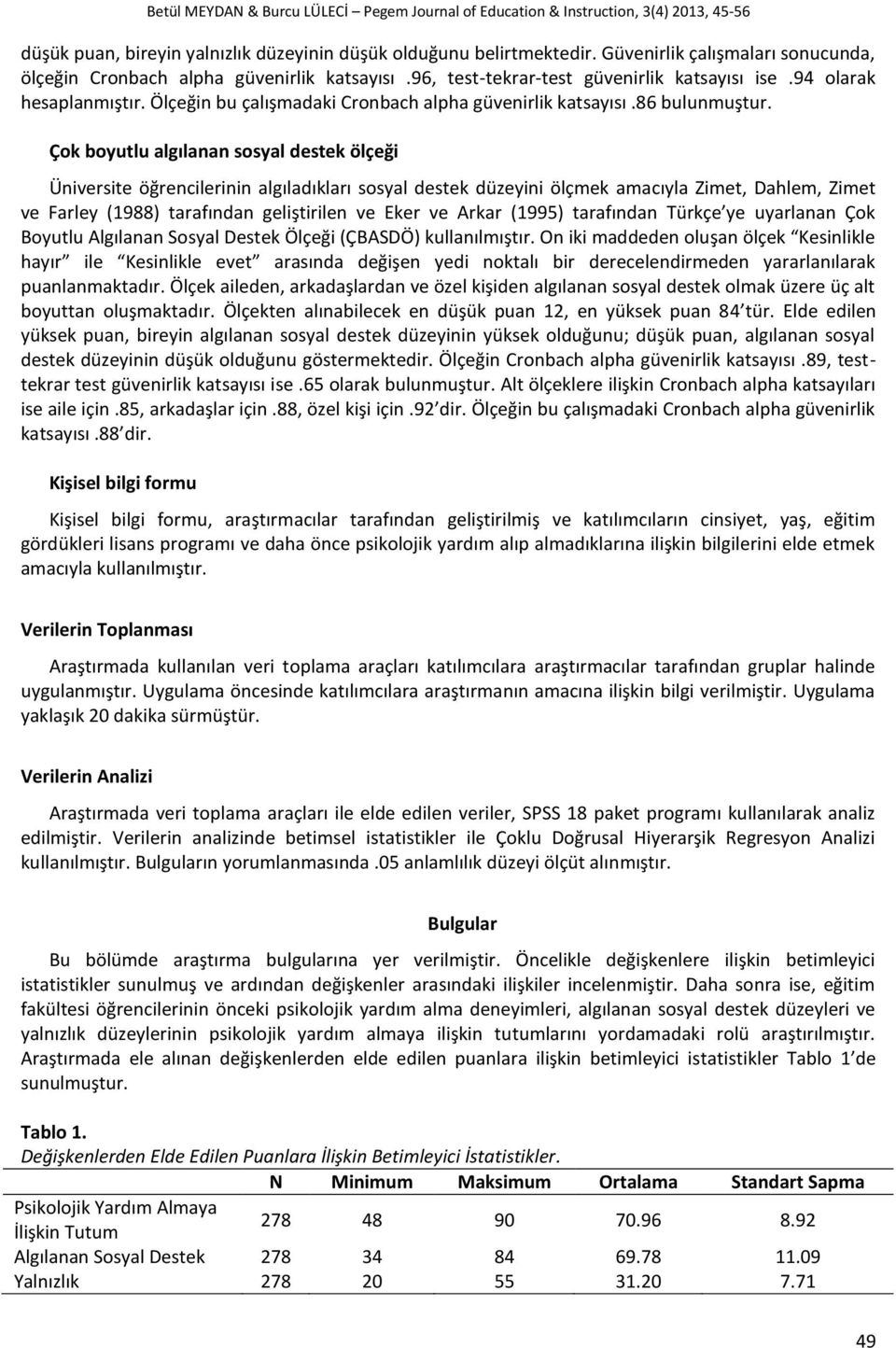 Ölçeğin bu çalışmadaki Cronbach alpha güvenirlik katsayısı.86 bulunmuştur.