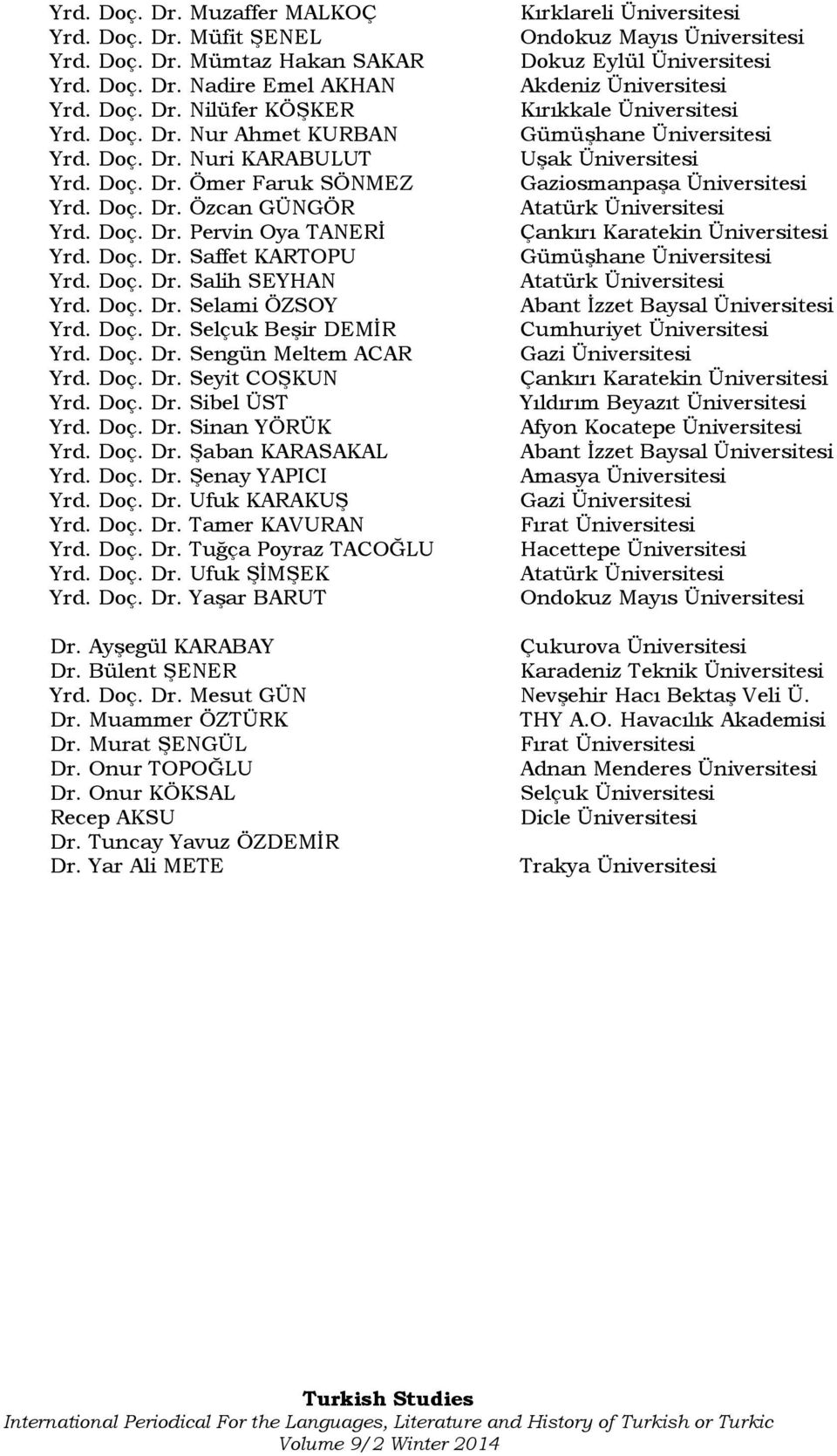 Doç. Dr. Sengün Meltem ACAR Yrd. Doç. Dr. Seyit COŞKUN Yrd. Doç. Dr. Sibel ÜST Yrd. Doç. Dr. Sinan YÖRÜK Yrd. Doç. Dr. Şaban KARASAKAL Yrd. Doç. Dr. Şenay YAPICI Yrd. Doç. Dr. Ufuk KARAKUŞ Yrd. Doç. Dr. Tamer KAVURAN Yrd.