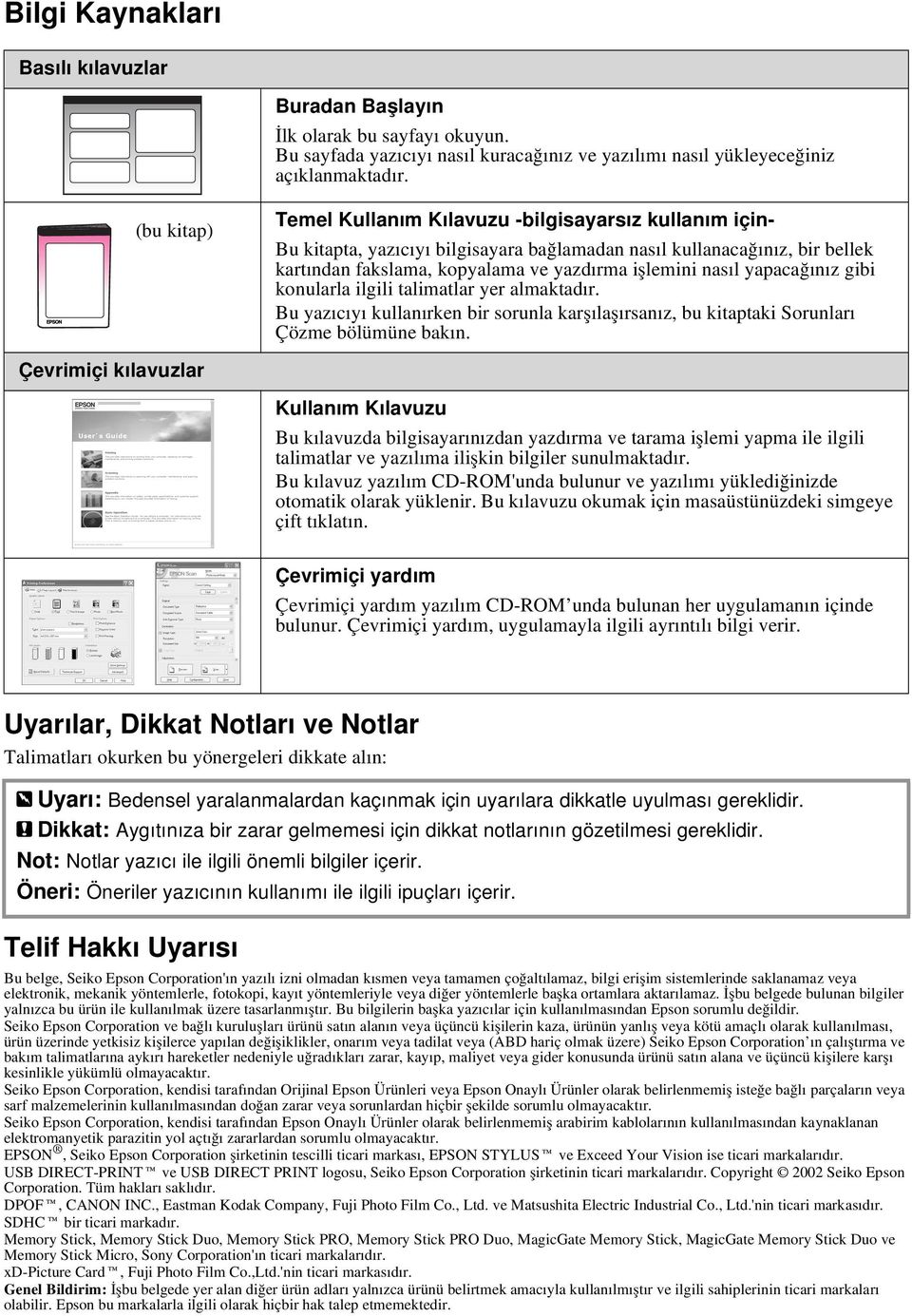 yapacağınız gibi konularla ilgili talimatlar yer almaktadır. Bu yazıcıyı kullanırken bir sorunla karşılaşırsanız, bu kitaptaki Sorunları Çözme bölümüne bakın.