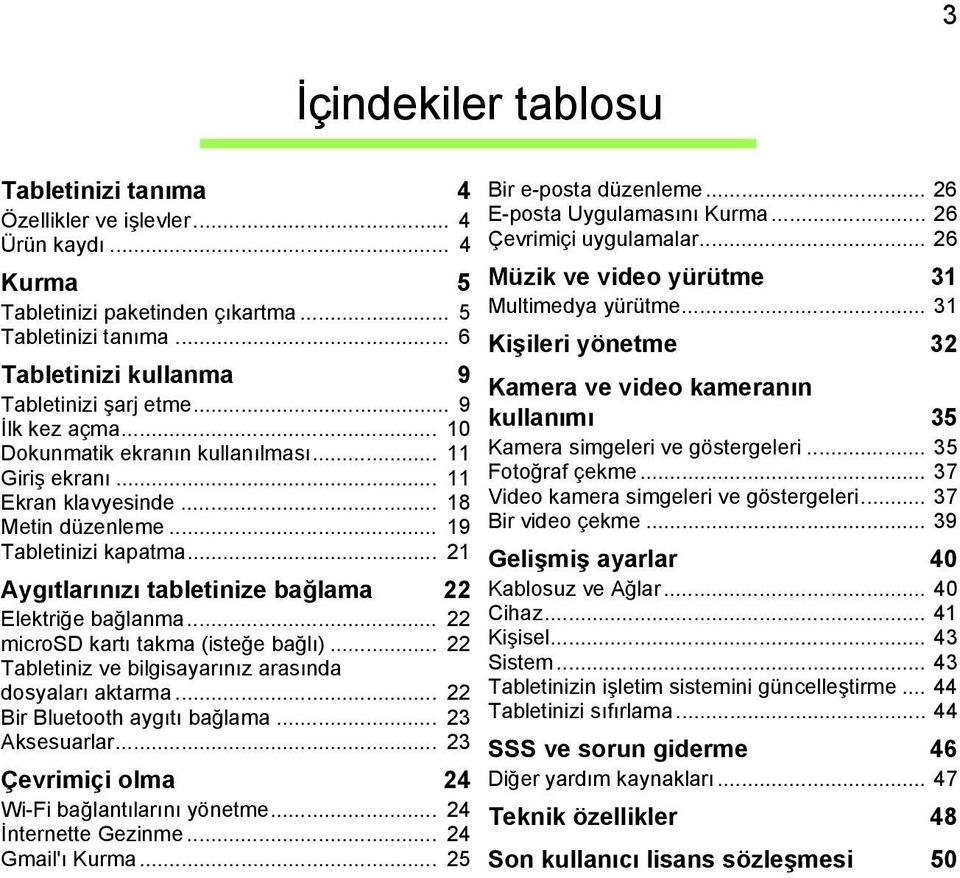 .. 21 Aygıtlarınızı tabletinize bağlama 22 Elektriğe bağlanma... 22 microsd kartı takma (isteğe bağlı)... 22 Tabletiniz ve bilgisayarınız arasında dosyaları aktarma... 22 Bir Bluetooth aygıtı bağlama.