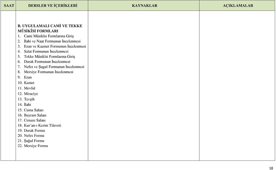 Durak Formunun İncelenmesi 7. Nefes ve Şugul Formunun İncelenmesi 8. Mersiye Formunun İncelenmesi 9. Ezan 10. Kamet 11. Mevlid 12. Miraciye 13.