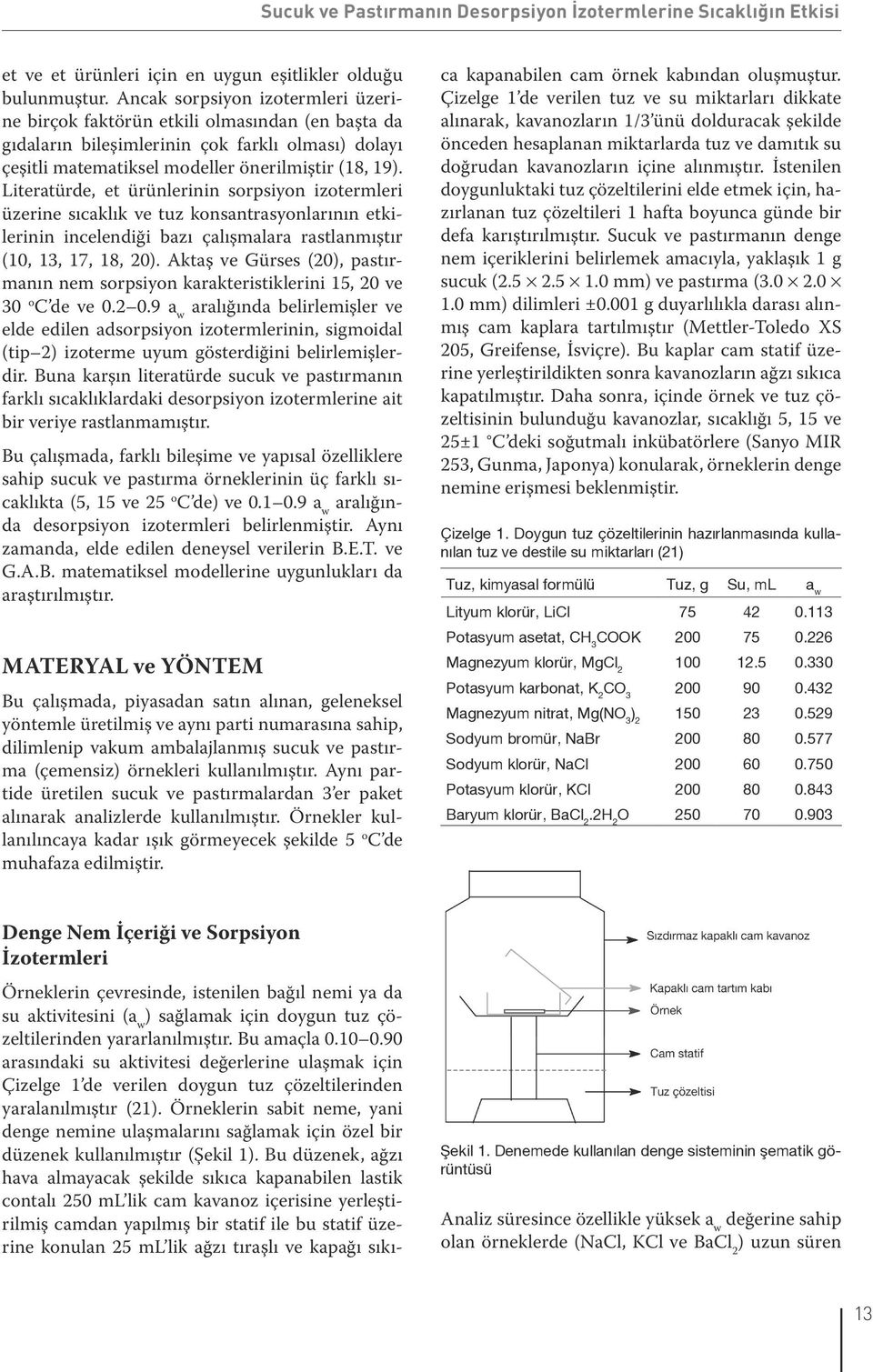 Literatürde, et ürünlerinin sorpsiyon izotermleri üzerine sıcaklık ve tuz konsantrasyonlarının etkilerinin incelendiği bazı çalışmalara rastlanmıştır (10, 13, 17, 18, 20).