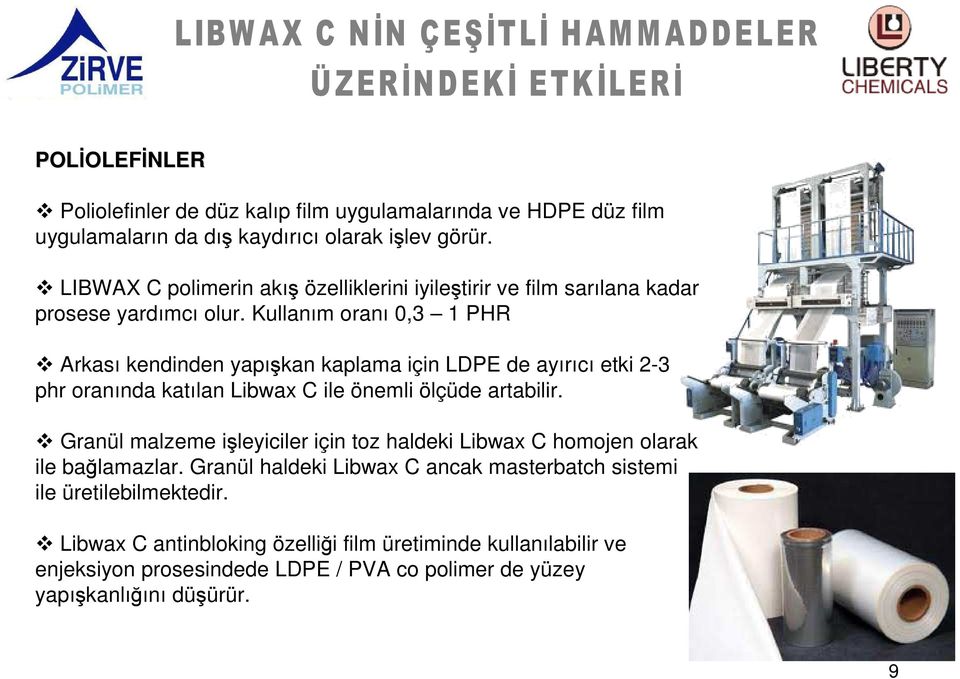 Kullanım oranı 0,3 1 PHR Arkası kendinden yapışkan kaplama için LDPE de ayırıcı etki 2-3 phr oranında katılan Libwax C ile önemli ölçüde artabilir.