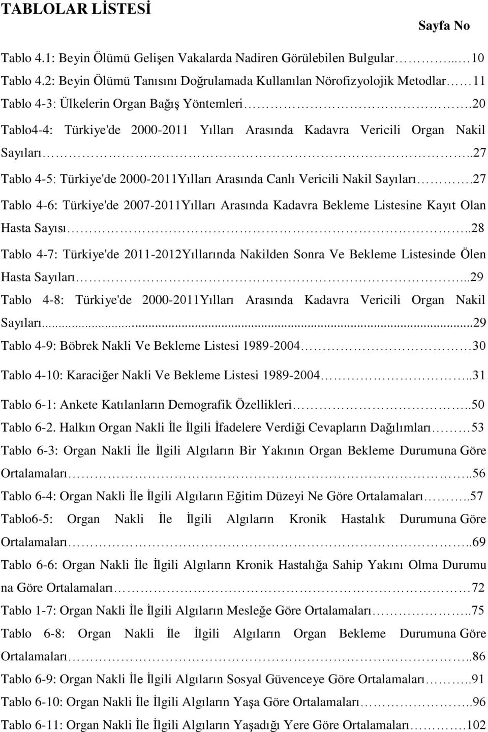 20 Tablo4-4: Türkiye'de 2000-2011 Yılları Arasında Kadavra Vericili Organ Nakil Sayıları..27 Tablo 4-5: Türkiye'de 2000-2011Yılları Arasında Canlı Vericili Nakil Sayıları.