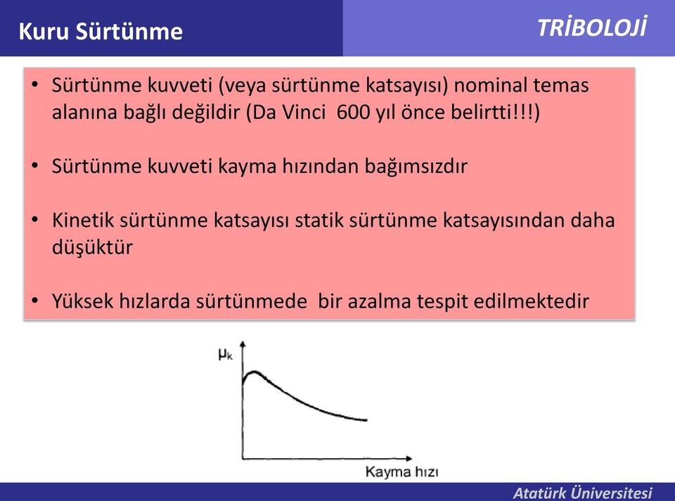 !!) Sürtünme kuvveti kayma hızından bağımsızdır Kinetik sürtünme katsayısı