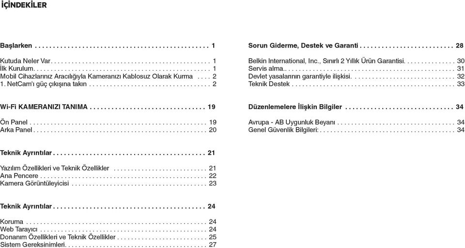 .. 33 Wi-Fi KAMERANIZI TANIMA... 19 Ön Panel... 19 Arka Panel... 20 Düzenlemelere İlişkin Bilgiler... 34 Avrupa - AB Uygunluk Beyanı... 34 Genel Güvenlik Bilgileri:... 34 Teknik Ayrıntılar.