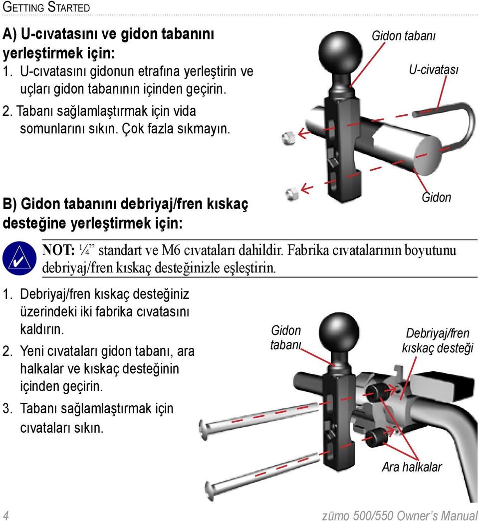 Gidon tabanı U-civatası B) Gidon tabanını debriyaj/fren kıskaç desteğine yerleştirmek için: Not: ¼ standart ve M6 cıvataları dahildir.